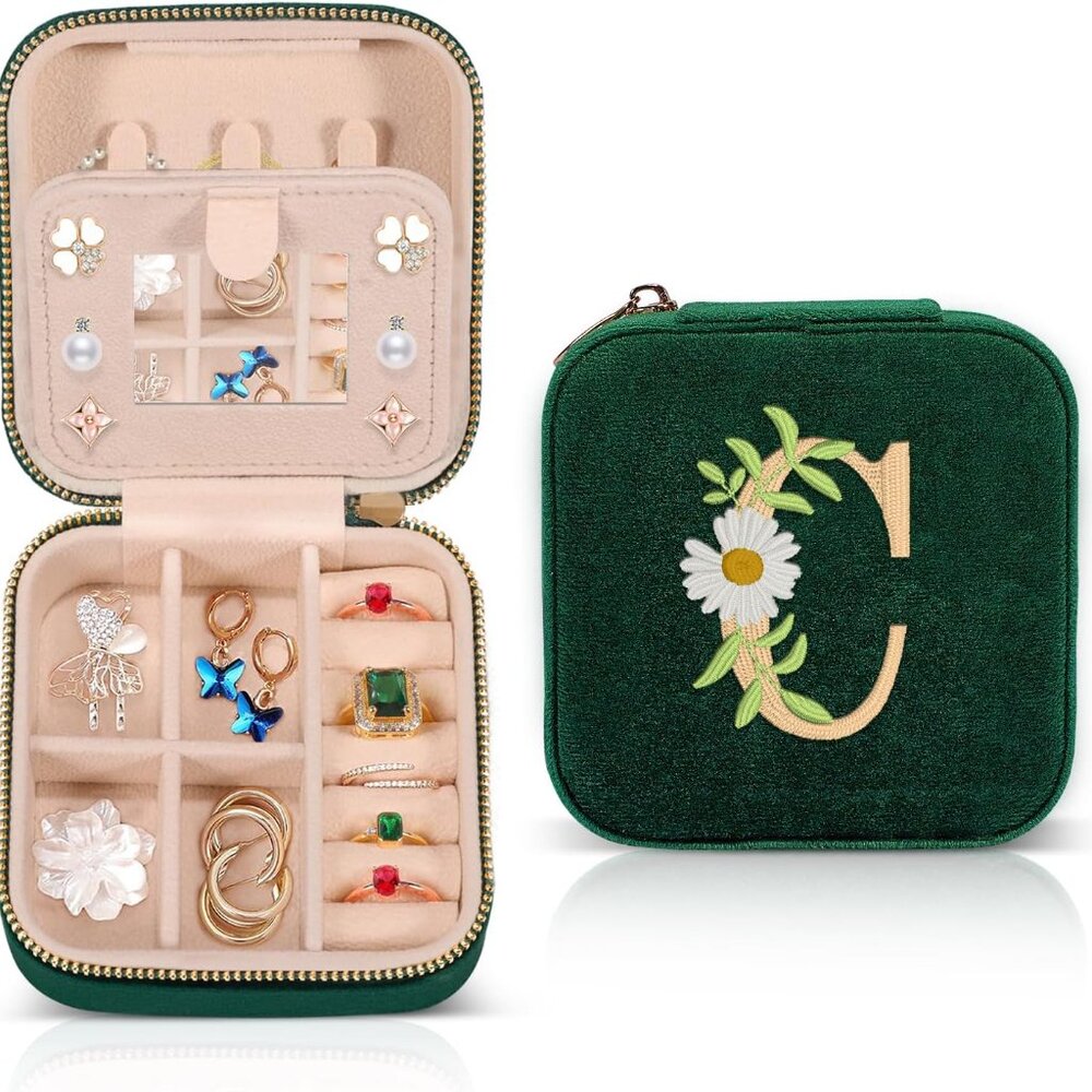 Velvet Travel Jewelry Box Personalized Initial Jewelry Box Small Jewellery Tra